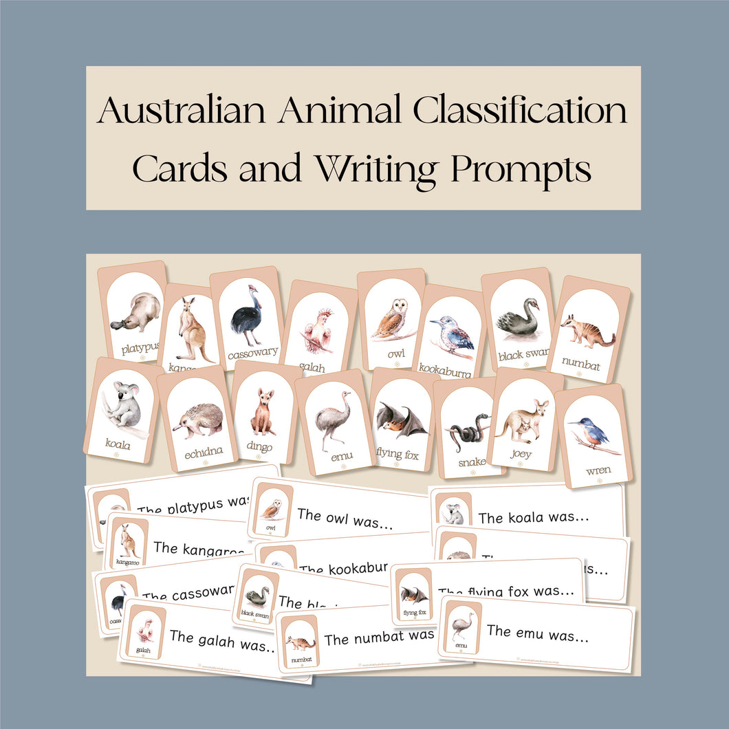 Australian Animal Classification Cards and Writing prompts