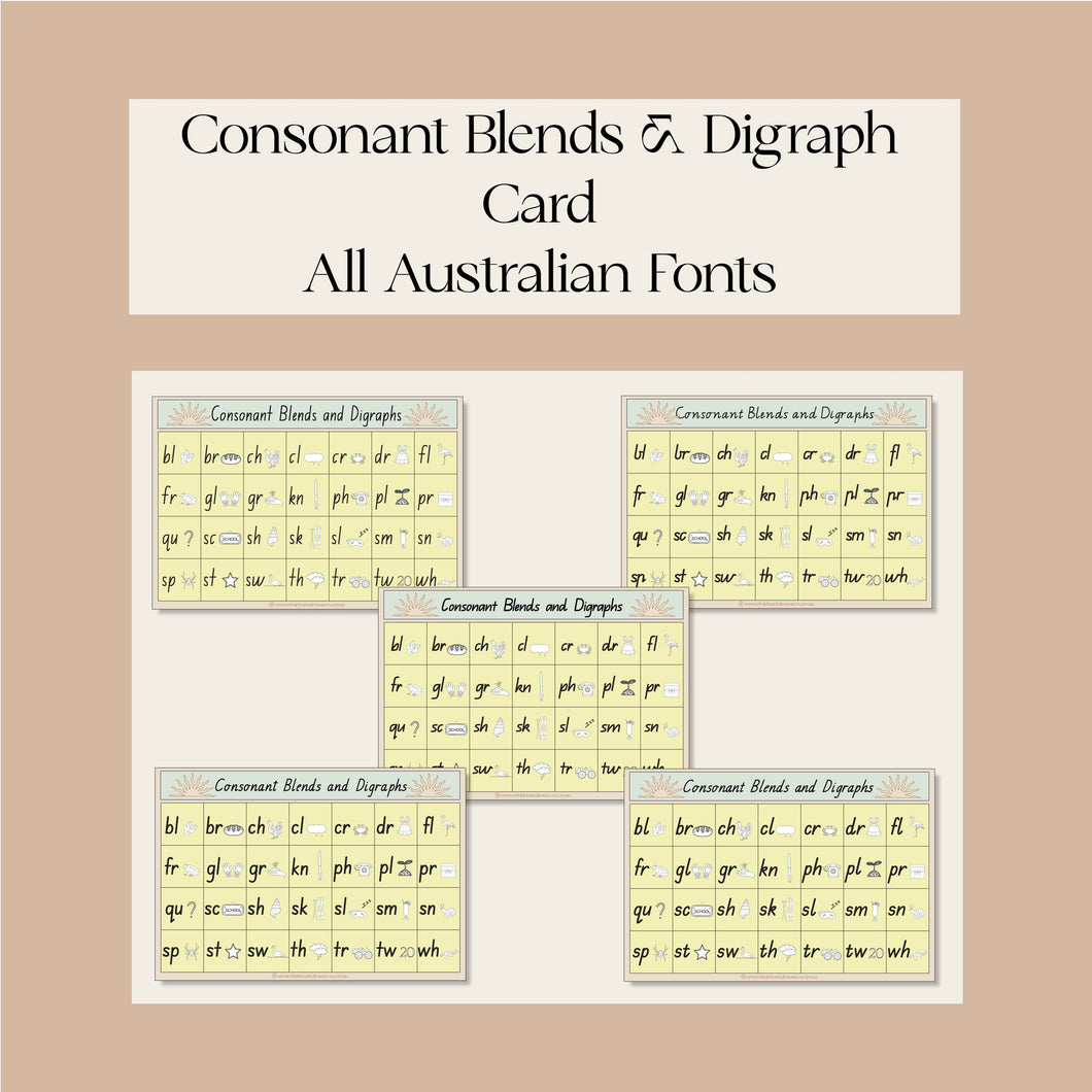 Consonant Blends and Digraph Writing Card- All Australian Fonts